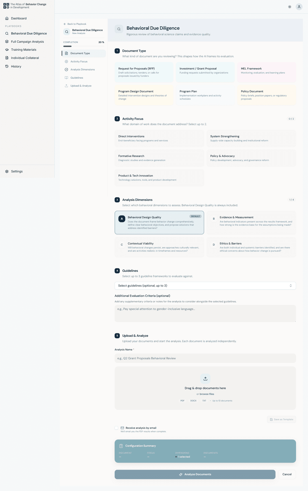 Behavioral Due Diligence — form configuration and portfolio results view