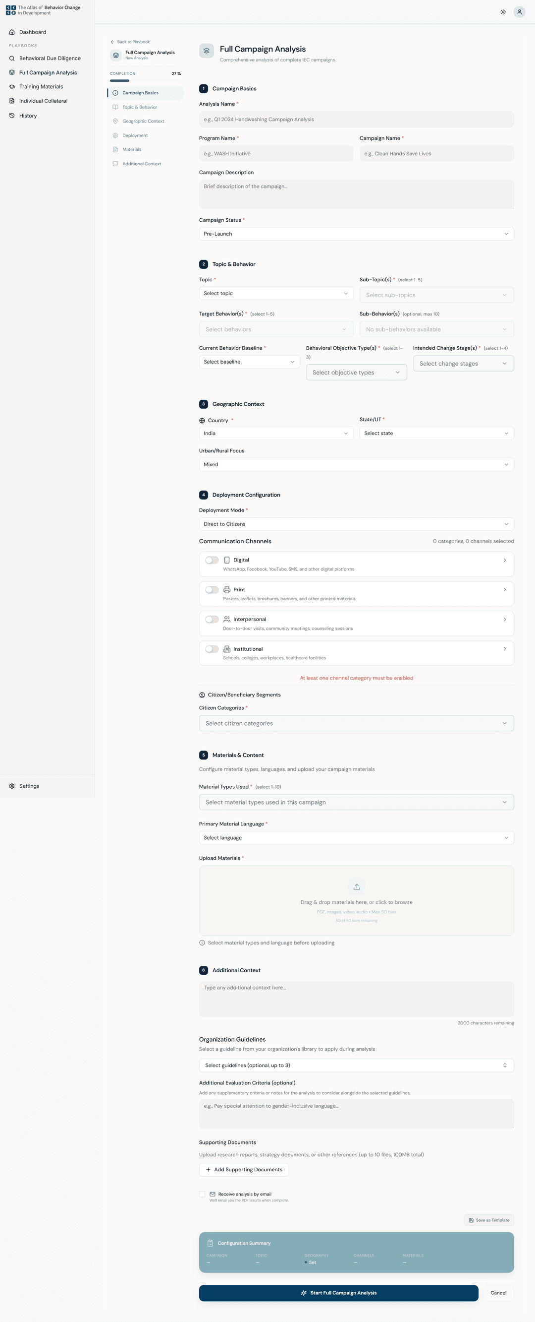 Full Campaign Analysis — campaign configuration and dashboard overview