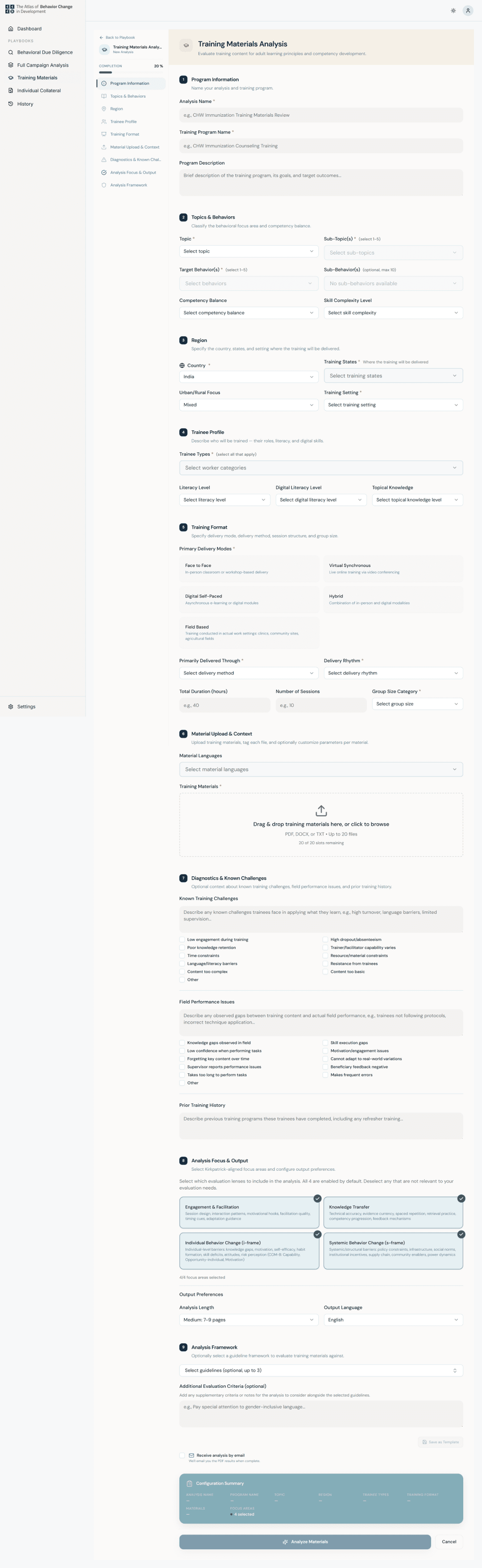 Training Materials Analysis — form setup and Kirkpatrick-level results